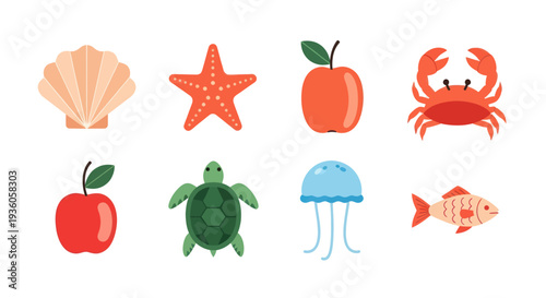 Colorful sea creatures and fruits illustrations