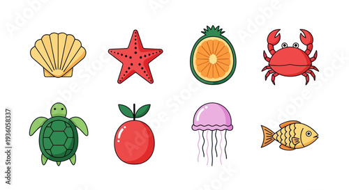 Colorful sea creatures and tropical fruit