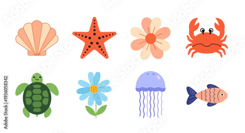 Colorful sea creatures and vegetable illustrations