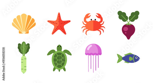Colorful sea creatures and vegetables