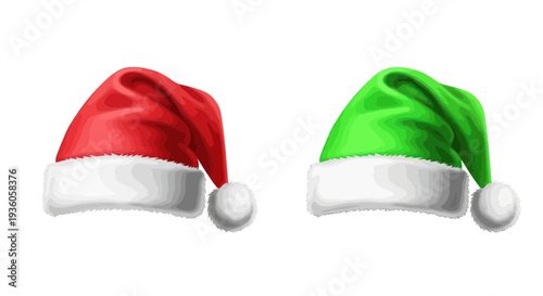 Red and Green Santa Hats with White Pom Poms - Festive Christmas Accessories