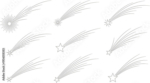 Nine minimalist line drawings depict various comets and shooting stars streaking across the dark sky in a simple gray outline style.