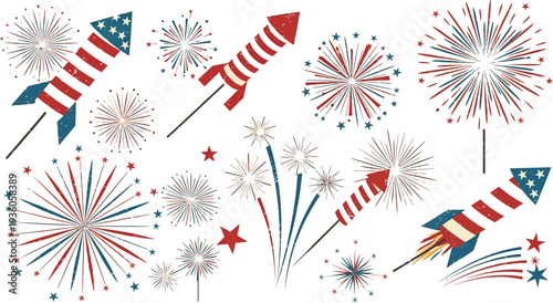 A collection of patriotic fireworks displays and rockets featuring traditional American red, white, and blue colors explodes against a white backdrop.