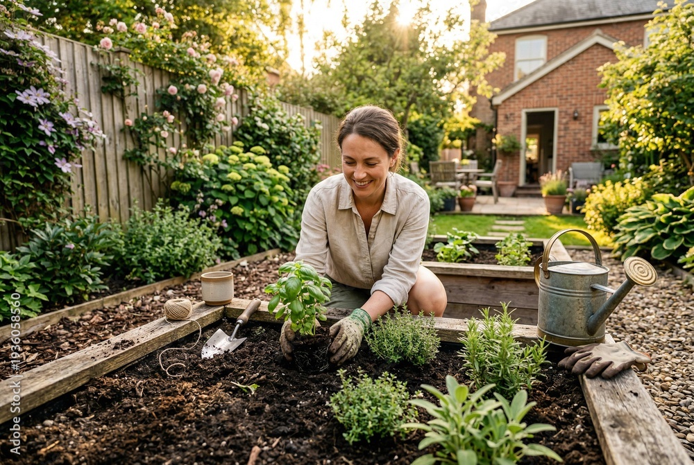 Obraz premium A lifestyle image capturing a person planting herbs in raised garden beds during late afternoon sunlight. The ultra-wide 16mm shot highlights hands, seedlings, and rich greenery with warm cinematic