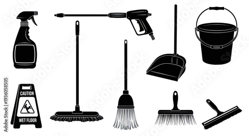 Cleaning Tools Silhouette Set: Mop, Broom, Sprayer, Bucket, Dustpan, Squeegee, Pressure Washer