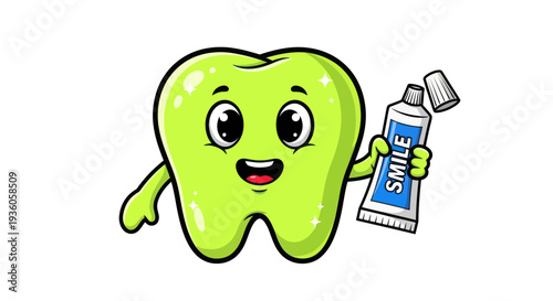 Cartoon Tooth Character Holding Toothpaste Tube with Smile Text