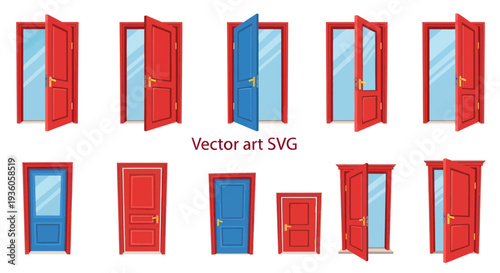 Collection of red and blue doors, open and closed, vector art