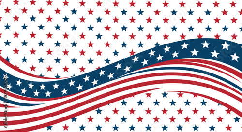 Wavy red, white, and blue stripes flow over a background pattern of small stars for a patriotic American design element.