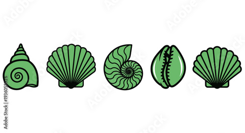 Collection of five green seashell icons isolated on white background