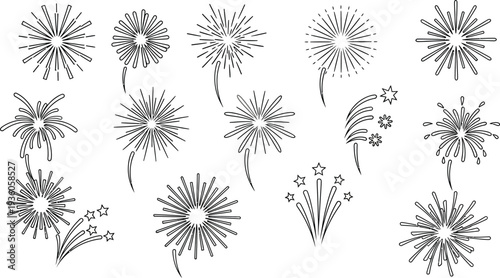 A collection of fifteen different black and white line drawings showcases various abstract and stylized representations of firework bursts.