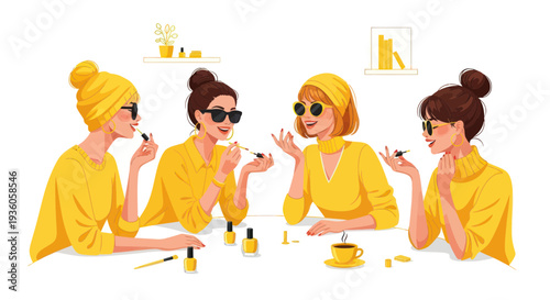 Four stylish women in yellow outfits painting nails and drinking coffee