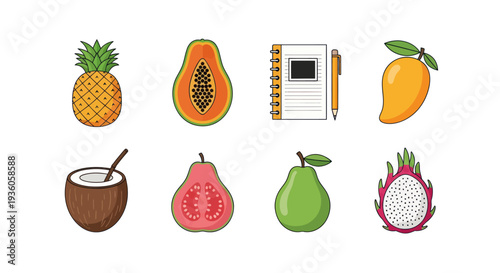 Colorful tropical fruits and stationery collection