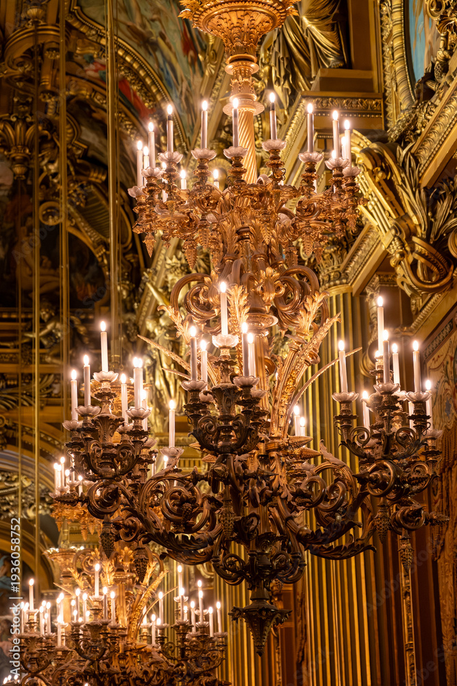 Obraz premium Ceiling lamps and architectural elements eclectic Beaux-Arts style of Second Empire in France, elements of neo-baroque, classicism and Roman architecture, golden stucco, rich decoration
