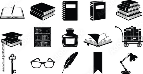 Educational silhouette icons featuring various academic and library items in black on white background silhouette