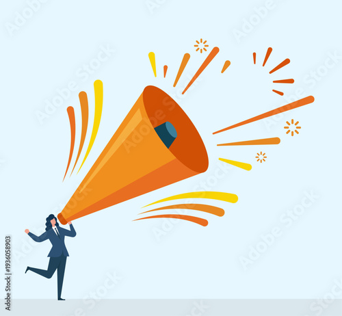 Businesswoman Holding Giant Megaphone Announcing Big News Loudly, Public Relations Announcement, Digital Marketing Campaign, Corporate Voice Amplification, Breaking Business News