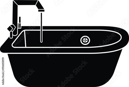 Black and white illustration of a freestanding bathtub with modern faucet