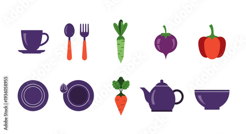 Colorful vegetables and tableware set