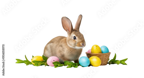 A brown bunny sitting next to a basket of colorful easter eggs