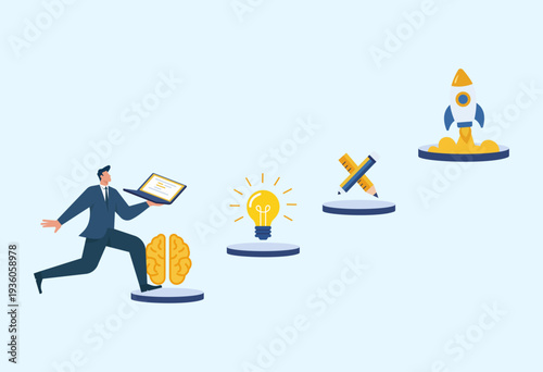 Businessman Running Up Steps from Brainstorming to Product Launch, Startup Development Phases, Creative Project Workflow, Idea Execution Strategy, Business Growth Stages, Innovation Process Timeline