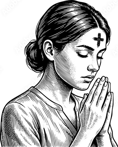 Young woman praying with ash cross on forehead in engraving art for Ash Wednesday observance, Lenten season, Christian spiritual practice, religious devotion, repentance, spiritual reflection,