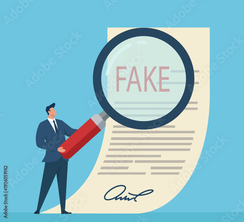 Businessman Detecting Fraud Using Magnifying Glass on Signed Fake Document, Document Forgery Detection, Business Fraud Investigation, Contract Verification Process, Legal Identity Theft