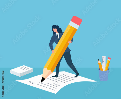 Businesswoman Signing Contract with Giant Pencil on Desk, Legal Agreement Execution, Document Proofreading Process, Creative Content Writing, Corporate Signature Deal, Administrative Paperwork Task