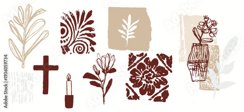 Handmade bible journaling element set with botanical motif, irregular texture, christian cross. Flat isolated vector collection bundle for match scrapbook, stationery. Modern religious collage decor