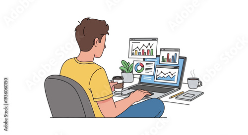 Man working on laptop with various charts and graphs displayed on screens during a virtual brainstorming session