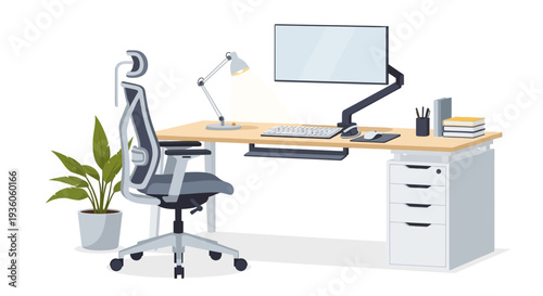 Modern office workspace with ergonomic chair, desk, computer, and office supplies in a minimalist environment.