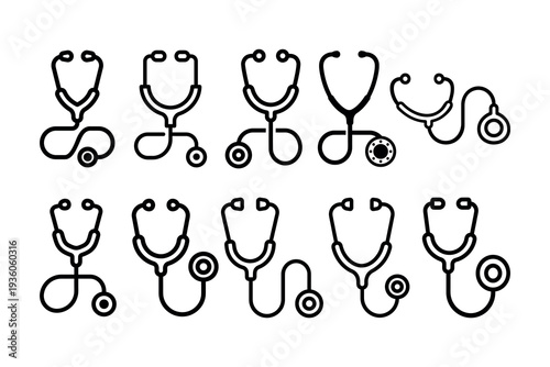 Medical stethoscope icon isolated. Large set of modern stethoscope outline icons for medical apps and websites. Minimalist cardiology and general health diagnostic symbols for practitioners. Vector