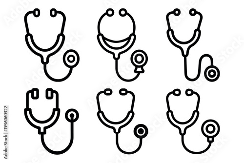 Comprehensive collection of professional stethoscope line icons. Minimalist medical diagnostic symbols for healthcare, doctors, and nursing branding projects. Medical stethoscope icon isolated 