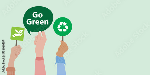 Hands holding speech bubble with Go Green text and environmental icons. Concept illustration about sustainable lifestyle, eco movement and green initiatives.
