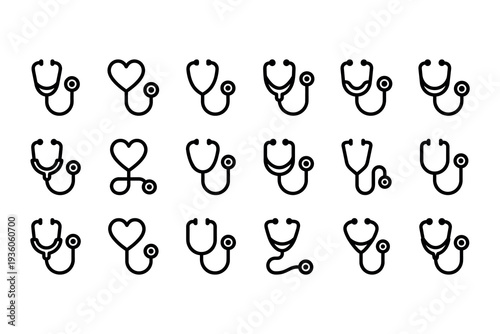 Extensive icon set featuring varied stethoscope designs and heart shapes. Minimalist medical cardiology symbols for healthcare clinics and wellness centers. Medical stethoscope icon isolated. Vector 