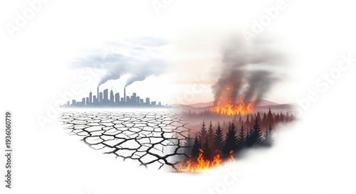 Climate change illustration of a city skyline with smoke and fire on the right and a dry, cracked earth on the left, conveying a sense of environmental disaster and global warming impact
