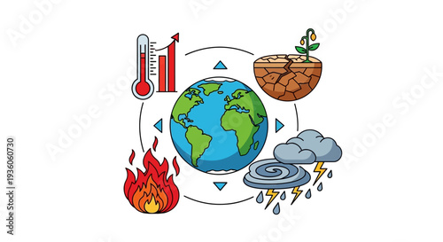 A vibrant infographic illustration depicting climate change impacts with a globe surrounded by weather and environmental elements on a clean white background