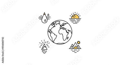 A vector illustration depicting climate change impacts with a globe surrounded by weather icons, including a raindrop, sun, mountain, and lightbulb, conveying environmental and energy