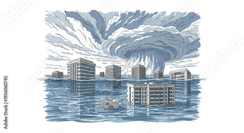Climate change illustration of a cityscape with buildings and a skyline overwhelmed by a massive storm and rising floodwaters with rain and smoke