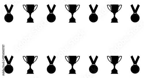 Sports award collection featuring black trophy cups and winner medals for champions