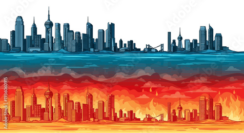 Vector illustration of a city skyline with a burning downtown area below a calm skyline with rain clouds in a split cityscape depicting climate change impact and weather contrast