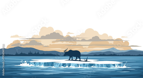 An elephant stands on melting ice in the ocean with a city skyline and mountains in the background under a cloudy sky with warm tones conveying climate change impact