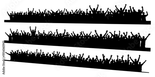 Three rows of cheering fans silhouettes celebrating at a stadium sports event