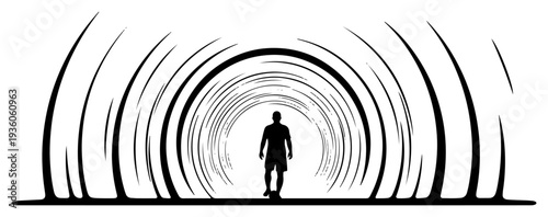 Soccer player silhouette standing at the center of a circular tunnel perspective