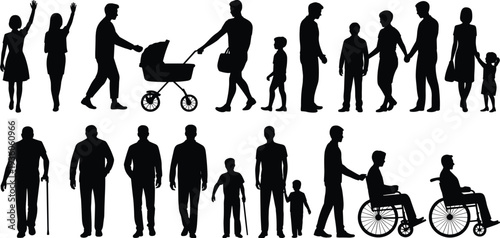 Human life silhouettes, family relationships vector, childhood to elderly stages, wheelchair diversity illustration, generational design art, inclusive lifestyle sequence