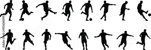 Soccer player silhouettes, football action poses, dynamic sports vector illustration, dribbling kicking running design, athletic training art, ball control sequence