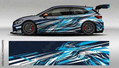 Sporty hatchback car with a dynamic blue and white abstract graphic wrap design, showcasing automotive customization.