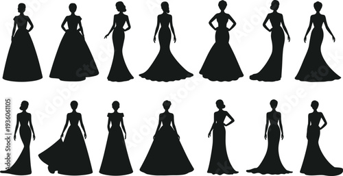 Elegant women silhouettes in formal gowns, fashion illustration, evening dresses, bridal wear, stylish outfits, luxury clothing, vector art design