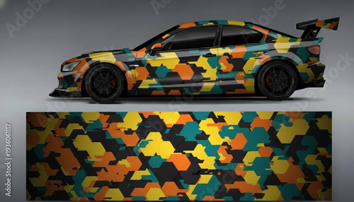 Sports car with a vibrant geometric hexagonal camouflage wrap design.