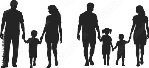 Family walking silhouette, parents with children vector, togetherness illustration design, happy childhood art, supportive parenting graphic, unity and love sequence