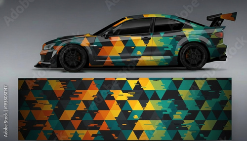 Custom car wrap design with abstract geometric triangles in orange, yellow, and teal, showcasing a modern vehicle graphic.