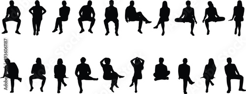 Seated human silhouette poses, diverse sitting posture vector, ergonomic design illustration, casual and formal seated figures, body language art sequence